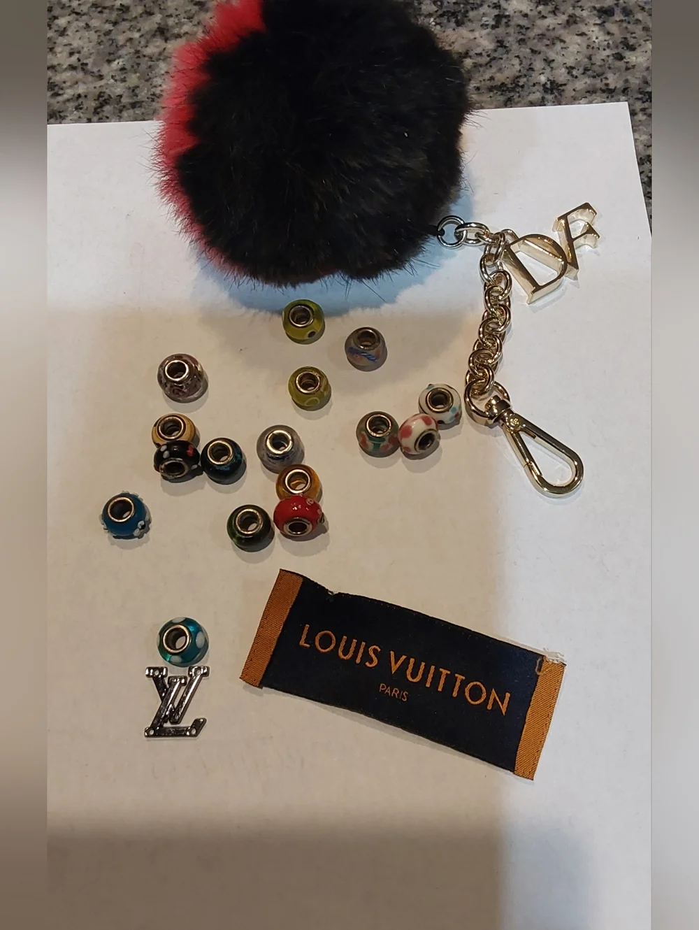 Louis Vuitton & DVF Red and Black Fur Pom‎ Pom Key Charm with Gold Hardware